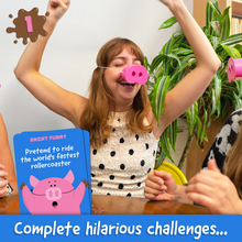 Load image into Gallery viewer, Snort Funny – The Oinkcredible You Laugh You Lose Party Game | Family Games for Kids and Adults | 150 Challenge Cards, 5 Pig Snouts & Mud Tokens | Funny Games for Friend & Family, 4-8 Players, Ages 8+