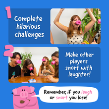 Load image into Gallery viewer, Snort Funny – The Oinkcredible You Laugh You Lose Party Game | Family Games for Kids and Adults | 150 Challenge Cards, 5 Pig Snouts & Mud Tokens | Funny Games for Friend & Family, 4-8 Players, Ages 8+